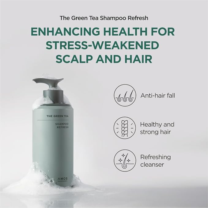 AMOS PROFESSIONAL The Green Tea Shampoo Refresh for Thinning Hair, Korean Shampoo for Oily Scalp l Deep Cleans, Strengthening Hair, All Hair Types, 16.9 fl.oz