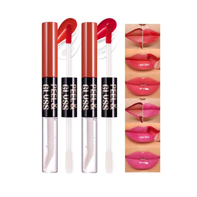 2Pcs Peel Off Lip Gloss Tattoo and Lip Oil 2-in-1, Lip Stain Peel Off Masque - Peel Off Lip Tint ,Long Lasting Waterproof Transfer-proof Lip Mask Lip Gloss Peel Off Lip Liner,Stay Lip Makeup 02#+03#