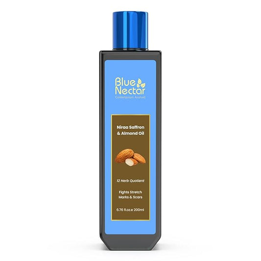 Blue Nectar Saffron & Almond Oil, Ayurveda Product for Crepey Skin | Skin Firming Body Oil for Stretch Marks (12 Herbs, 6.76 Fl Oz)