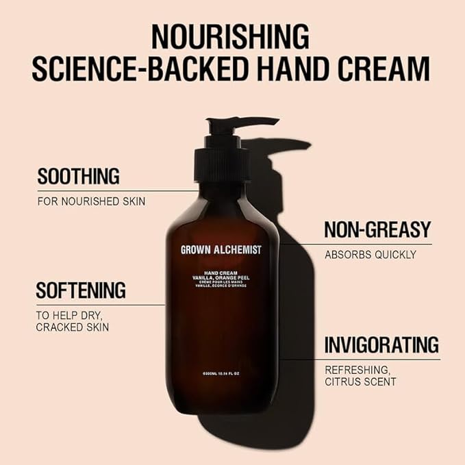 Grown Alchemist Hand Cream - Vanilla and Orange Peel. Non-Greasy Moisturizer that Soothes and Softens Hands (300ml).