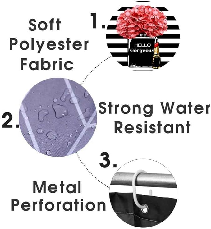 4PCS Hello Gorgeous Shower Curtain Set Watercolor Red Floral Black and White Striped Perfume Lipstick Makeup Vintage Modern Fashion Women Bathroom Decor Non-Slip Bath Mat Toilet Rug, Hydrangea