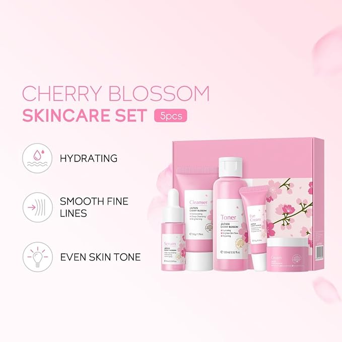 Greyghost Skin Care Set for Teenage Girls Women, 5 Pcs Cherry Blossom Skincare Set - Cleanser, Toner, Serum, Eye cream, Cream, Gentle Skin Cleaning & Care Gift Set, Travel Size Skin Care Set