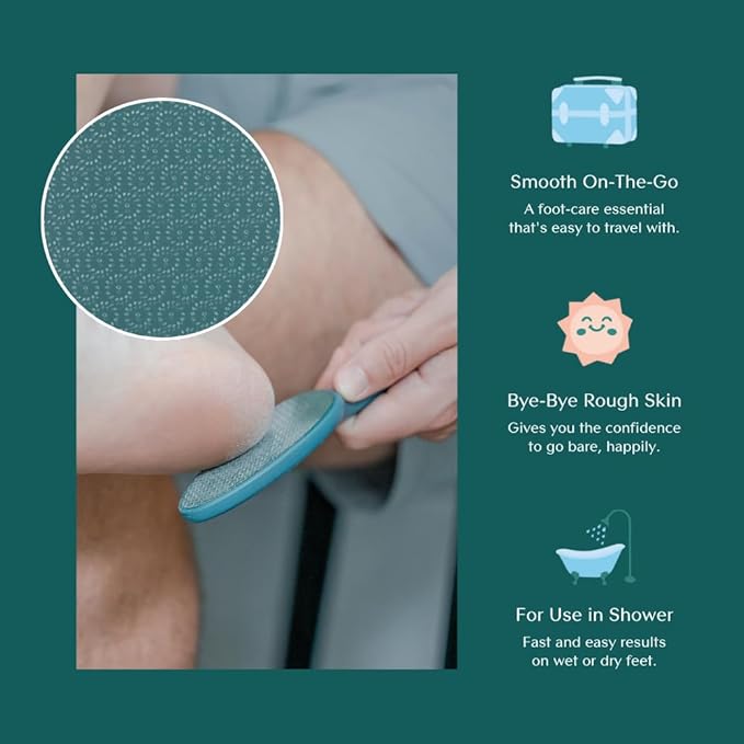 Bare August Glass Foot File Callus Remover - Heel Scraper & in-Shower Foot Scrubber Dead Skin Remover - Pedicure Foot Buffer for Soft Feet (with Handle, Teal)