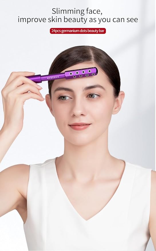 24-Stone Facial Roller - Cooling Face & Neck Massager Tool for Skin Rejuvenation | 360° Contouring with Germanium Stones & Aircraft Aluminum | Portable 7.6" Beauty Roller - Purple