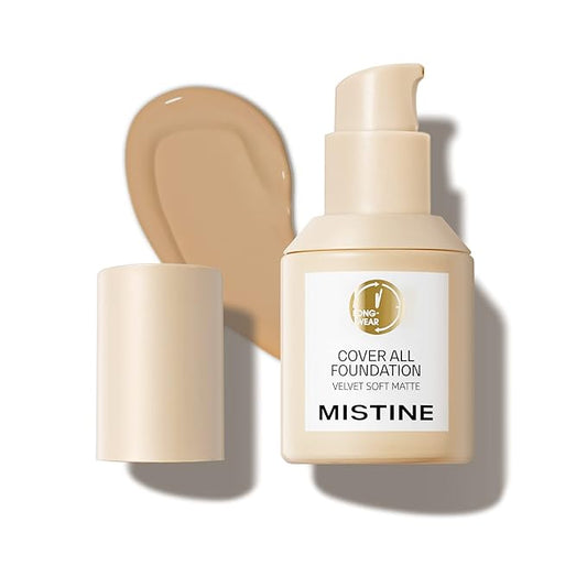 MISTINE Full Coverage Foundation Makeup for Oily Skin,24 Hour Oil Control Liquid Foundation,Skin-Caring,Moisturizing Formula,Cream Foundation,Matte Finish,Creamy Beige,1 Fl Oz