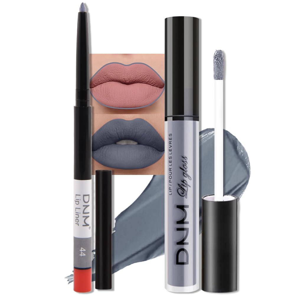 evpct 2Pcs Grey Gray Matte Liquid Lipstick Lip Gloss Stain and Retractable Lip Liner Makeup Set for Women Long Lasting Waterproof 24 Hours Permanent Lipstick labial mate larga duracion 24 44#
