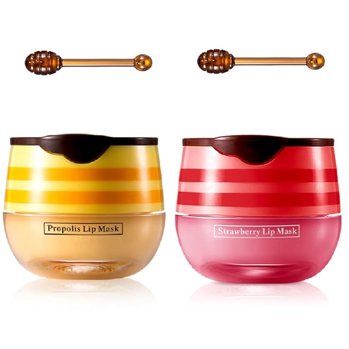 Bee Lip Balm Honey Pot,Honey Lip Mask Propolis Moisturizing Lip Balm with Stick,Hydrating and Prevention Dry and Cracked Lip Scrubs Exfoliator (2 PCS, Honey & Strawberry)