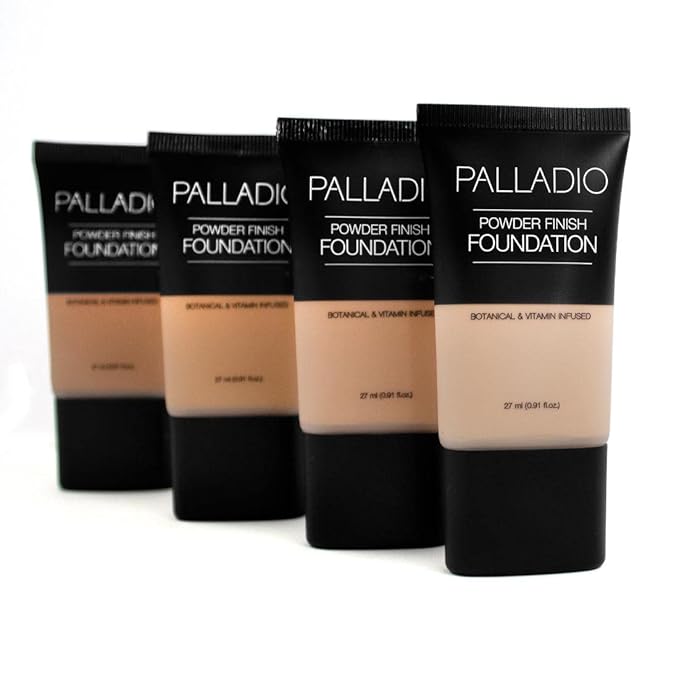 Palladio Powder Finish Liquid Foundation, Natural Matte Appearance, Reduces Fine Lines, Covers Large Pores, Hides Imperfections, All Day Wear, Sheer to Medium Coverage, Caramel