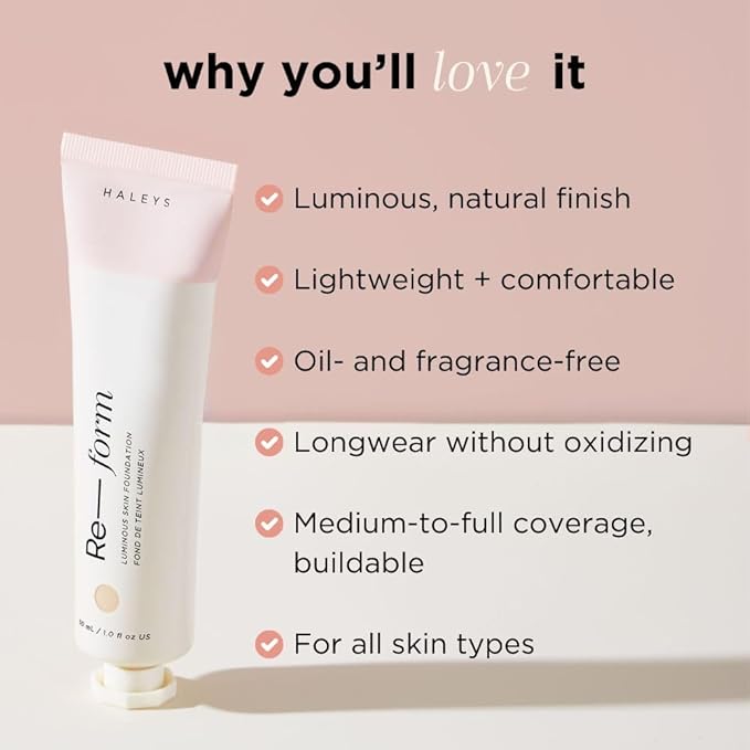HALEYS Re-form Luminous Skin Foundation, VEGAN + CRUELTY-FREE, Blurs, Conceals, Blendable, Buildable Med-to-Full Coverage, Weightless, Oil-free, All-Day Wear, Hyaluronic Acid, All skin types (2.15)