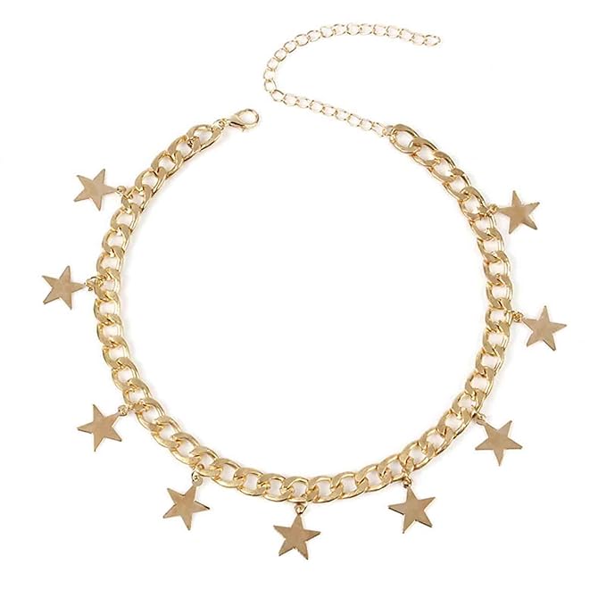 Boho Star Dangle Choker Necklace Gold Chunky Curb Chain Necklace Punk Thick Chain Choker Necklace Minimal Short Chain Necklace Jewelry for Women and Girls