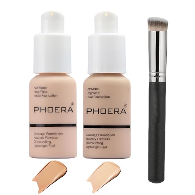 2 Pcs Phoera Foundation Makeup 102 and 104 Liquid Full Coverage 24HR Matte Oil Control Foundation Makeup Concealer (Nude & Buff Beige) with Kabuki Foundation Brush Flat Top