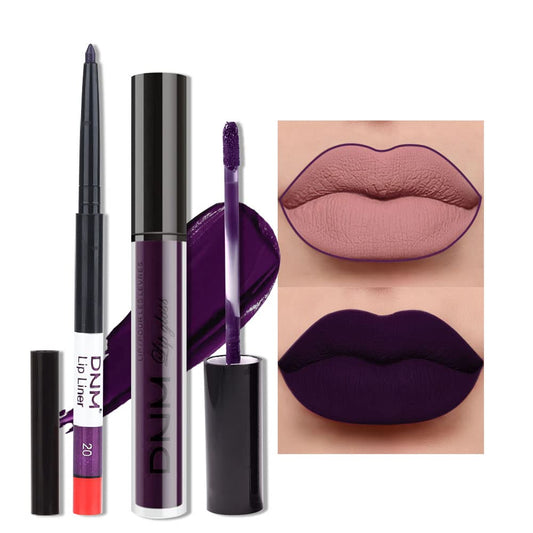 evpct 2Pcs Dark Deep Purple Plum Black Matte lipstick and Lip Liner Pencil Makeup Set for women Matte Smudge Proof Lipstick Lip Stain Long Lasting Waterproof labiales mate 24 horas originales 20#