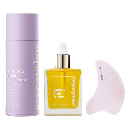 Evereden Mama DUO w/t Gua Sha - Golden Belly Stretch Mark Oil & Nourishing Stretch Mark Cream - Dermatologist-Developed Clean & Vegan Maternity Skin Care for Skin Hydration