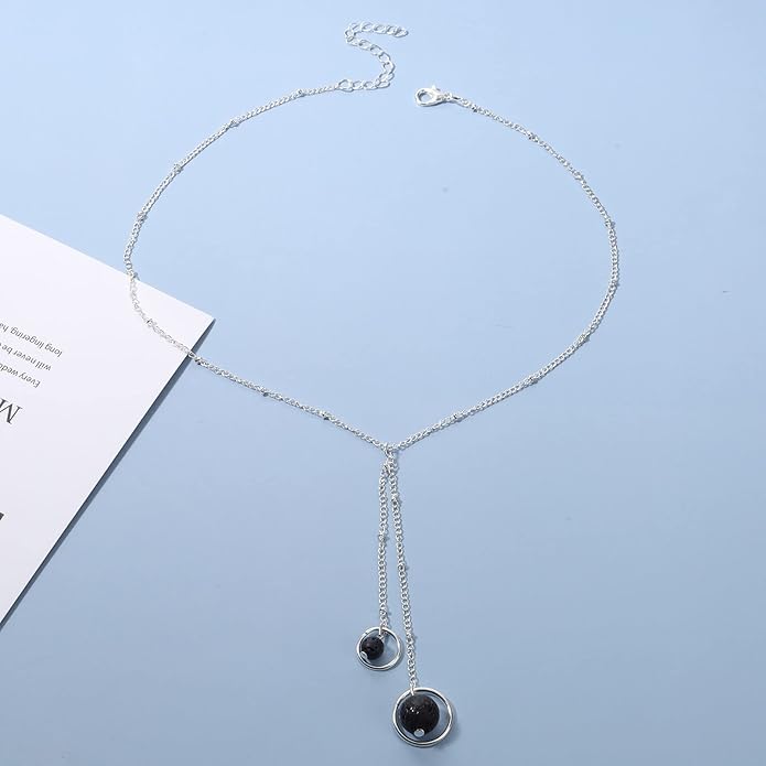 Boho Lava Stone Necklace Chain Silver Layered Chain Y Necklace Lava Bead Lariat Necklace Anxiety Essential Oil Diffuser Necklace Jewelry for Women