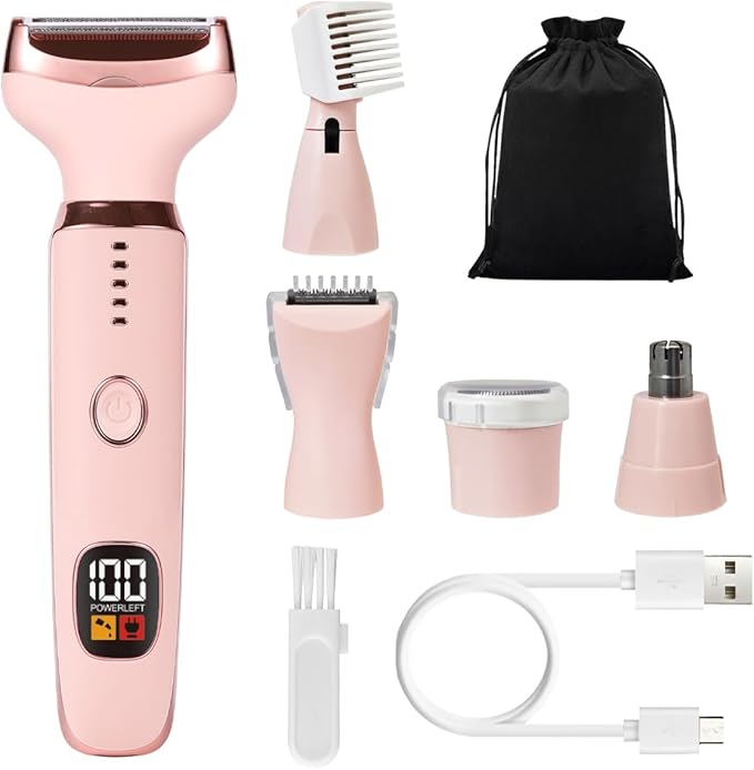 Electric Razors for Women, 5 in 1 Painless Ladies Wet & Dry Body Razors and Facial Hair Remover, Rechargeble Facial and Body Hair Remover for Face Nose Eyebrow Arms Armpit Legs Pubic Area (Pink)