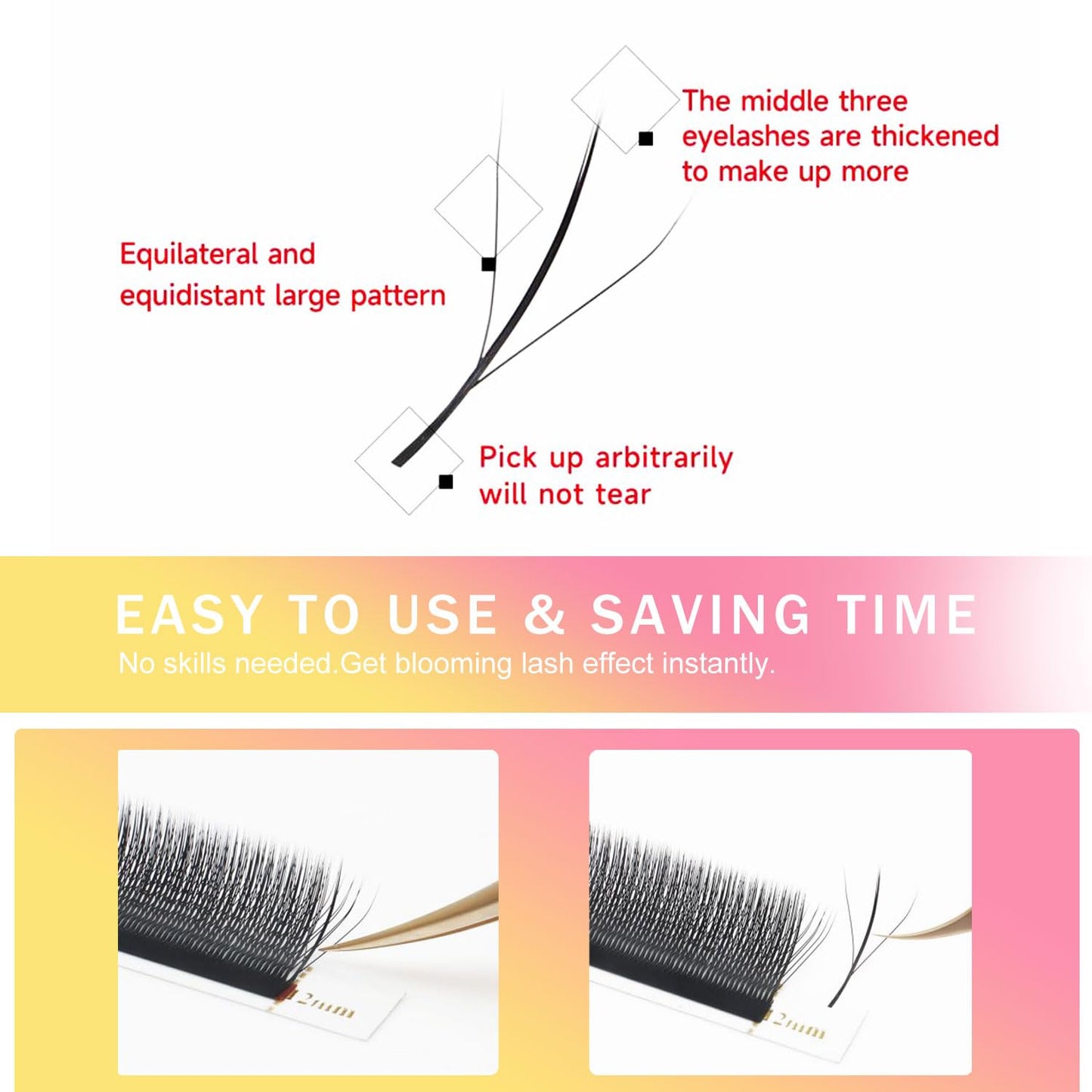 Lash Extensions Three Core Tips 3D Eyelash Extensions W Shape 0.07mm Thickness C Curl 9mm Premade Fans Easy Fan Volume Lashes Matte Black Crisscross(W-3D-Three Core-0.07-C,9mm)