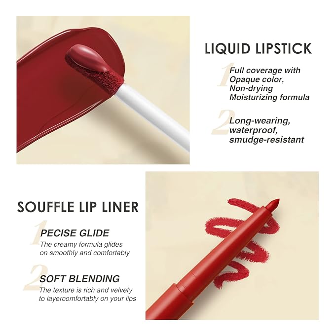 BestLand 6Pcs Matte Liquid Lipstick + Lip Liner Pens Set, One Step Lips Makeup Kits Pigment Velvety Nude Lip Stain Waterproof Long Wear Lip Gloss Make up Gift Set (Classic Allure Set)