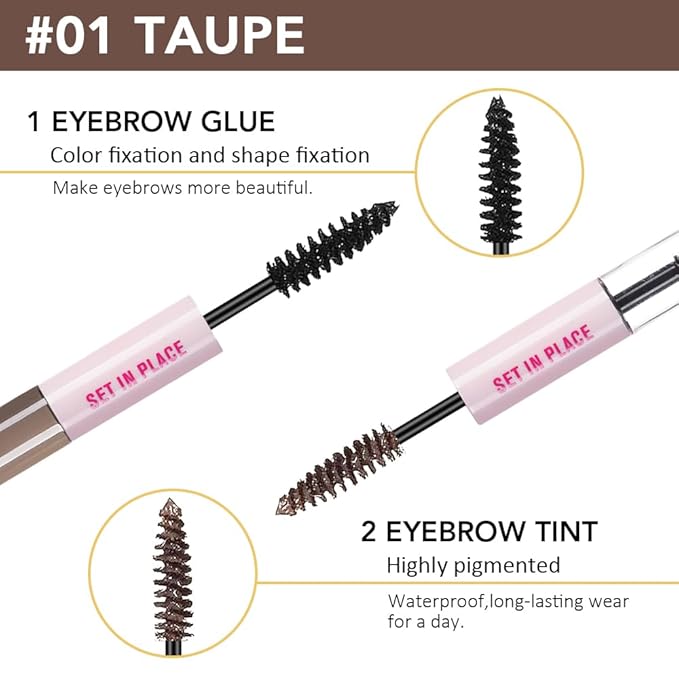 evpct 2-in-1 Tinted Brow Gel & Clear Brow Setting Glue Eyebrow Gel Kit - Strong Hold 24HR Waterproof Smudgeproof Eyebrow Makeup for Natural Soft Full Brows, Brows Enhancer Mascara Makeup - Taupe