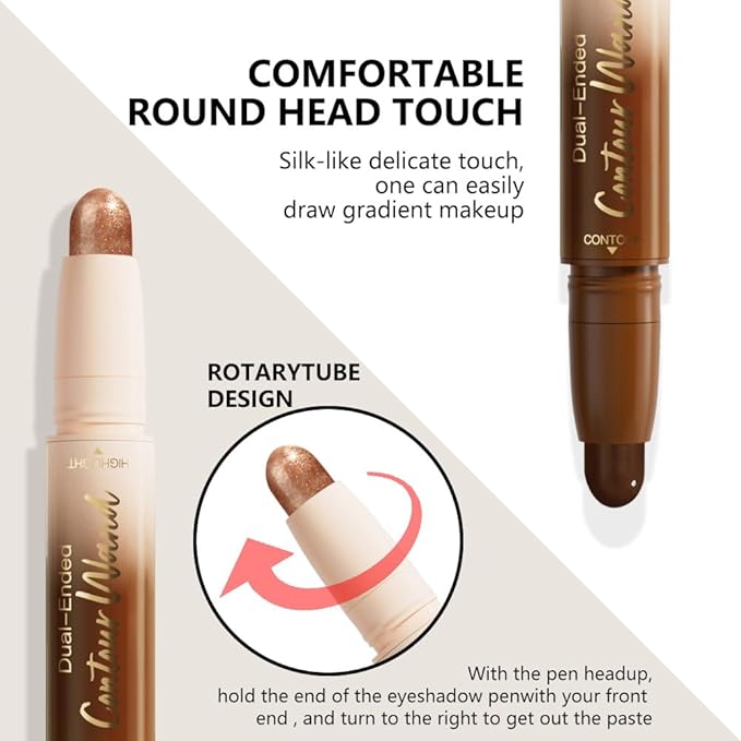 Dual-Ended 2-in-1 Cream Contour & Highlighter Stick – Waterproof, Long-Lasting for Face & Body Makeup, Suitable for All Skin Tones, 06#Black Cocoa + Bronzer Shimmer