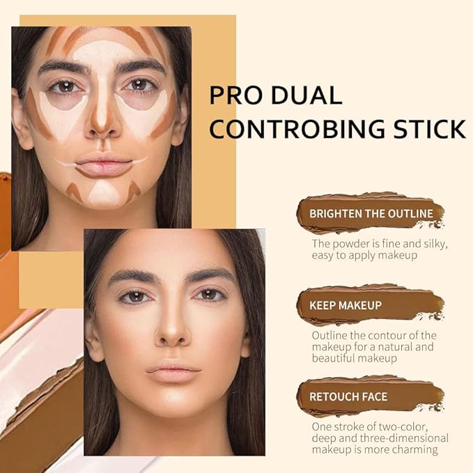 2 Colors Cream Contour Sticks Makeup Kit, Primer Face Highlighter Contouring for Beginners, Highlight and Contour Kit, Cream Concealer Makeup Blur Stick, Primer Face Corrector 1#