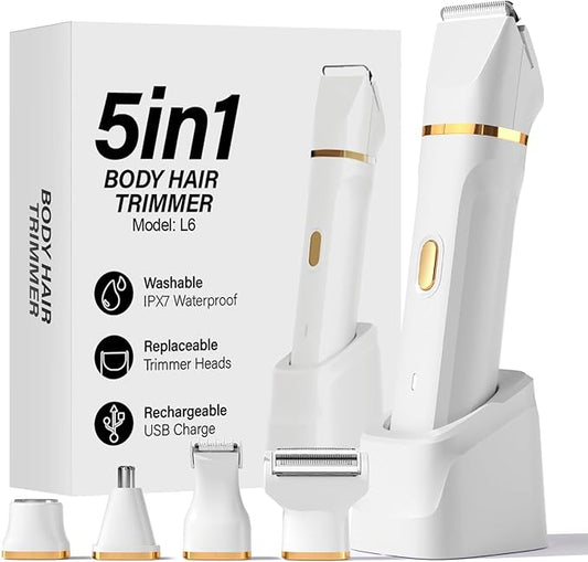 Bikini Trimmer for Women - 5 in 1 Electric Razors for Ladys Pubic Facial Nose Body Leg Hair Removal, Waterproof Electric Shaver for Women Private Area Sensitive Skin, Personal Hair Trimmer