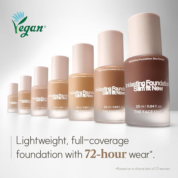 THE FACE SHOP Ink Lasting Liquid Foundation, Full Coverage, 72‑Hour Wear Semi‑Matte Finish, Makeup with Bakuchiol, N410 Cappuccino, 0.84 Fl. Oz.