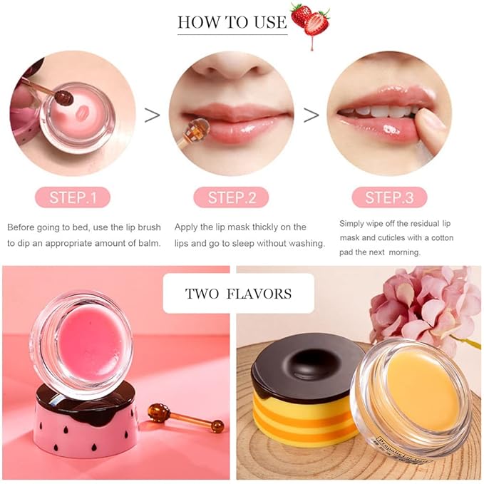 Bee Lip Balm Honey Pot, 2 PCS Strawberry & Honey Hydrating Prevention Dry and Cracked Lip Scrubs Exfoliator, Propolis Moisturizing Lip Sleep Mask Reduces Lip Lines, Lip Exfoliating Honey Bee Lip Mask