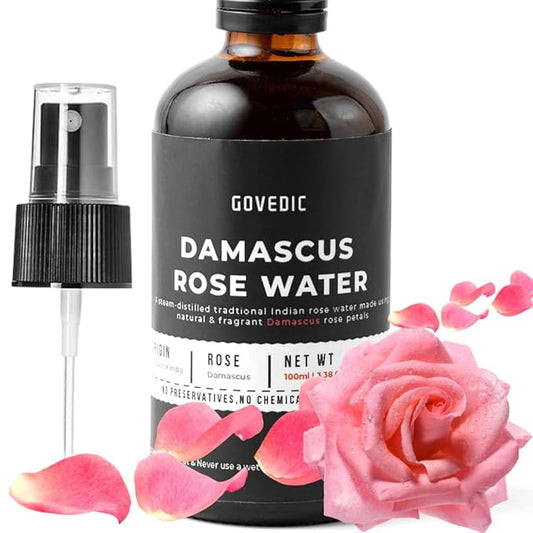 Govedic Rose Water Spray for Face Made with Damask Rose Petals, All-Natural Formula, No Dyes or Alcohol, Suitable for All Skin & Hair Types 100ml 3.38 Oz