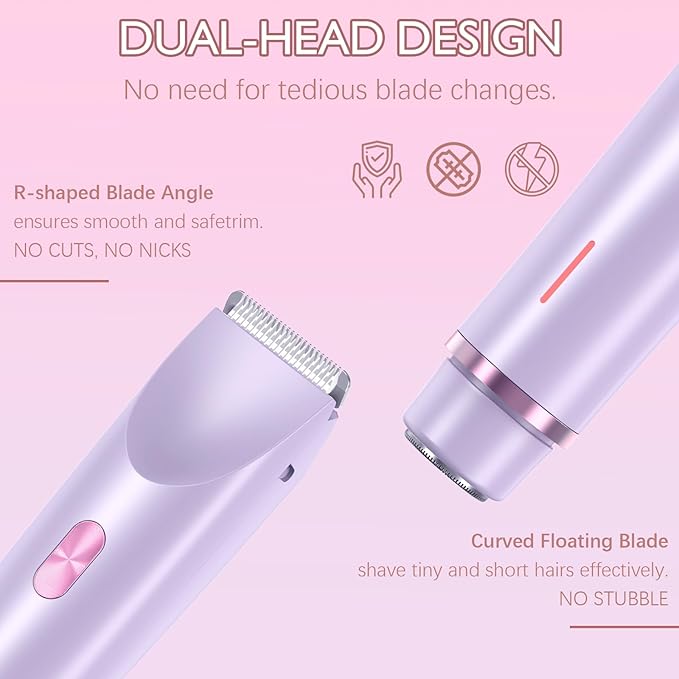 Bikini Trimmer for Women, 2 in 1 Dual-Head Electric Shaver for Women Pubic Hair, Waterproof Wet/Dry Use Body Hair Trimmer and Face Razors, Rechargeable Hair Removal for Bikini Legs Face Underarm Arm