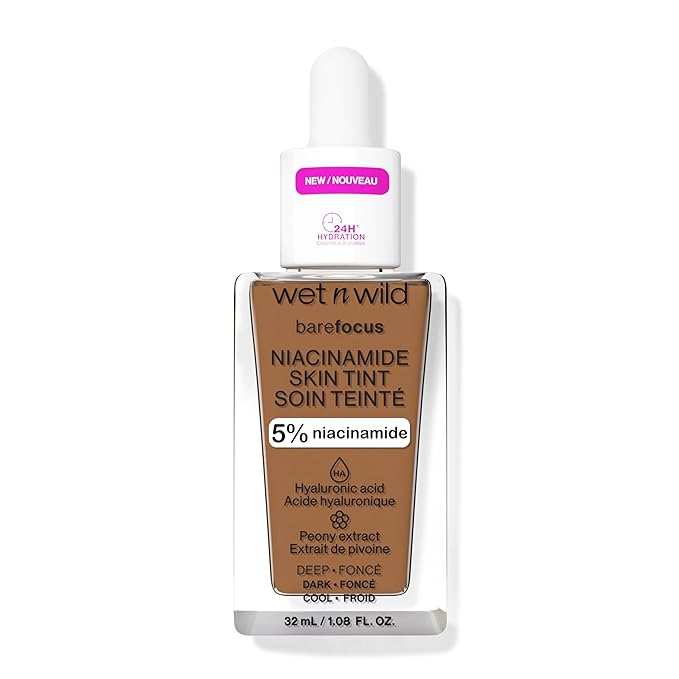 wet n wild Bare Focus Skin Tint, 5% Niacinamide Enriched, Buildable Sheer Lightweight Coverage, Natural Radiant Finish, Hyaluronic & Vitamin Hydration Boost, Cruelty-Free & Vegan - Deep