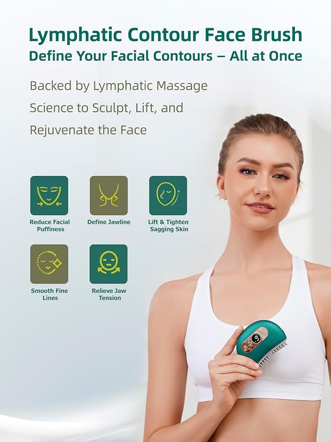 Lymphatic Contour Face Brush – Face Massager for Lymphatic Drainage, Double Chin Reducer, and Facial Sculpting – Gentle Vibrating Lymphatic Drainage Tool for Jawline & Puffiness - Green