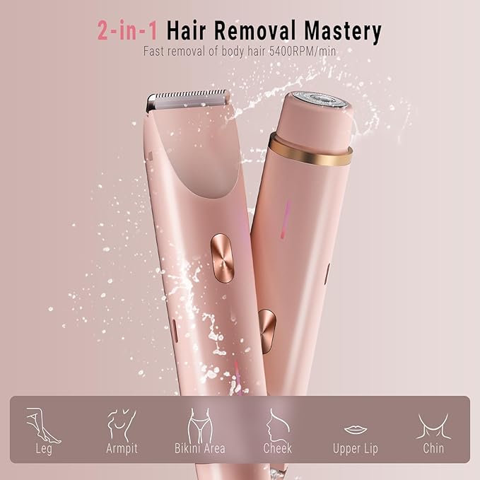 2-in-1 Bikini Trimmer for Women, Bikini Shaver with Dual Heads, Painless Body and Facial Hair Removal, Rechargeable Cordless Electric Razors for Face Chin Pubic Underarm Legs, IPX7 Waterproof, Pink