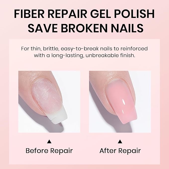 RARJSM Nude Sheer Pink Fiber Glass Rubber Base Gel Nail Polish for Repair Broken Nails StrengthenerGel Base Coat Transparent Brush on Building Gel in a Bottle Soak Off UV LED Curing Requires 15ml