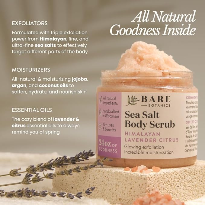 Bare Botanics Lavender Grapefruit Body Scrub 24 oz - Naturally Scented Himalayan Salt Scrub Made in Madison WI - Formulated w/Skin Loving Moisturizers - Cruelty Free Exfoliator w/a Cute Wooden Spoon