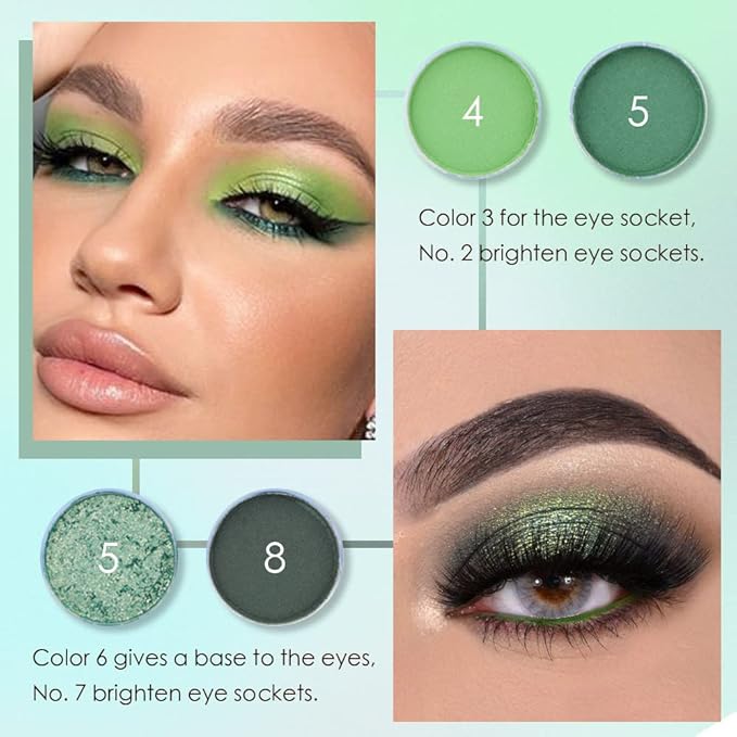 9 Colors Green Olive Matte Shimmer Eyeshadow Palette for Eye Makeup,High Pigmented Pink Emerald Mint Eye Shadow Primers Powder Palet de sombras de ojos