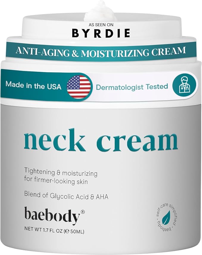 Baebody Firming Neck Cream with AHAs, CoQ10, Glycolic Acid, Green Tea for Sagging Skin, Fine Lines, Wrinkles, 1.7 Fl Oz