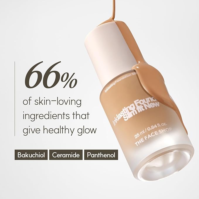 THE FACE SHOP Ink Lasting Liquid Foundation, Full Coverage, 72‑Hour Wear Semi‑Matte Finish, Makeup with Bakuchiol, W210 Warm Sand, 0.84 Fl. Oz.