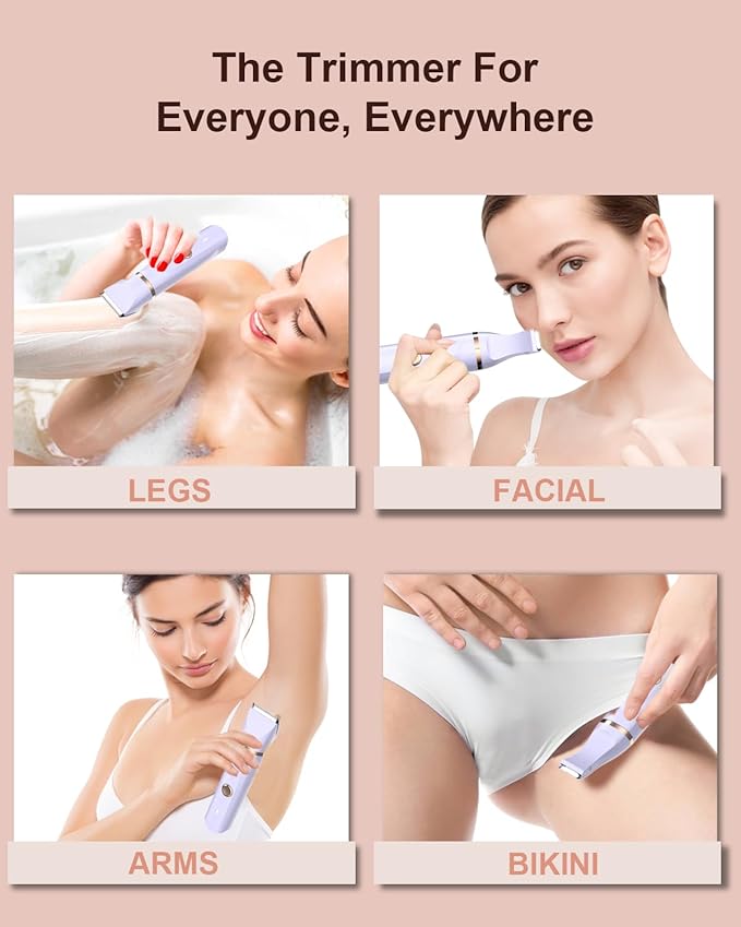 Bikini Trimmer for Women,Painless Electric Razor for Pubic Hair,Rechargeable Body Hair Trimmer,Electric Shaver Removal with Snap-in Ceramic Blades IP7X Washable Head,Wet and Dry Use, Light Purple