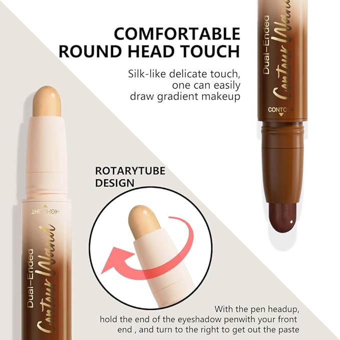 Dual-Ended 2-in-1 Cream Contour & Highlighter Stick – Waterproof, Long-Lasting for Face & Body Makeup, Suitable for All Skin Tones, 04#Nude Brown + Nude