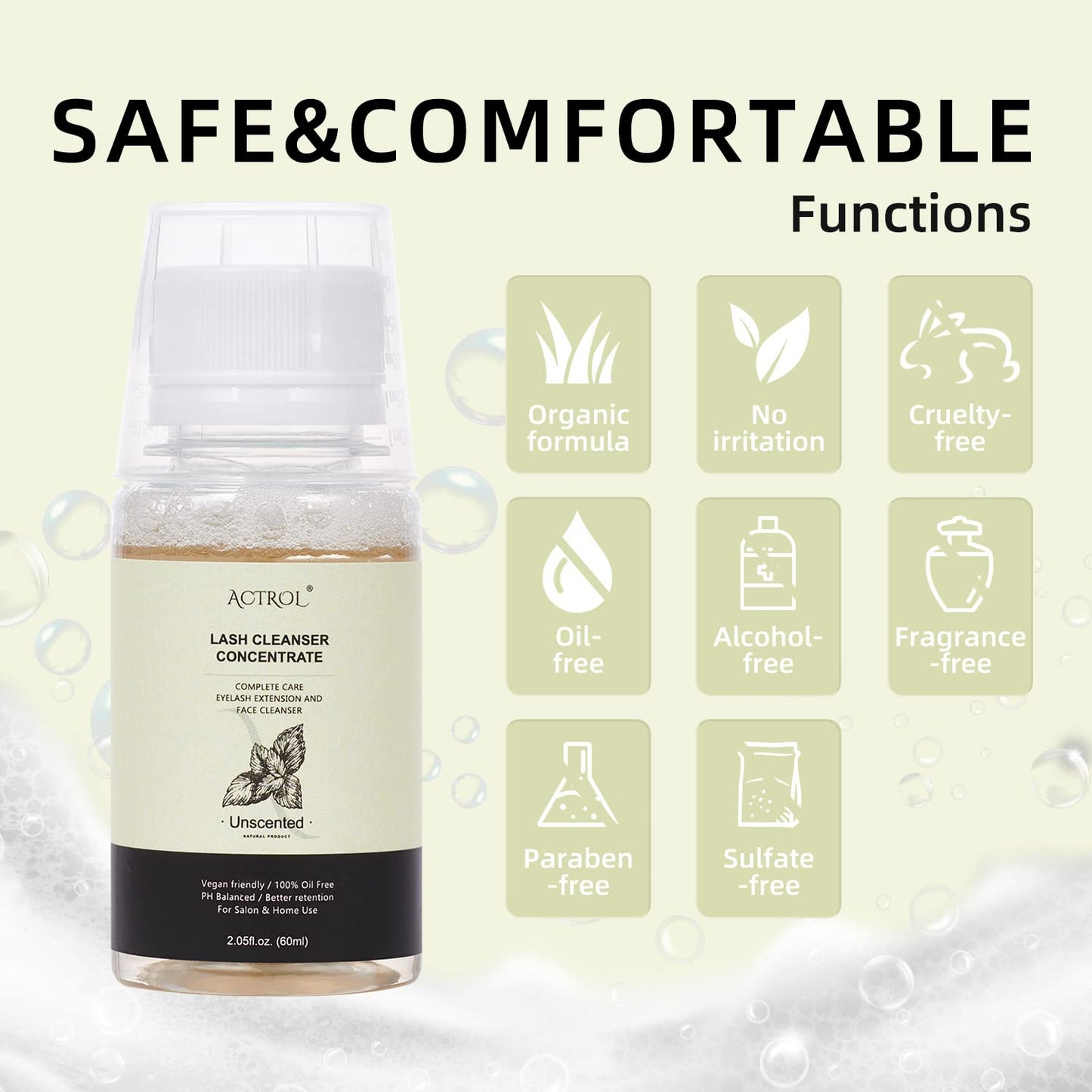 Eyelash Cleanser Concentrate 60ml Unscented Professional Lash Shampoo Foaming Cleanser DIY Wash for Extensions Lashes with Salon Home Care-Makes 6 Bottles