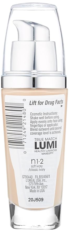 L'Oreal Paris True Match Lumi Healthy Luminous Makeup, N1-2 Soft Ivory Classic Ivory , 1 fl; oz.