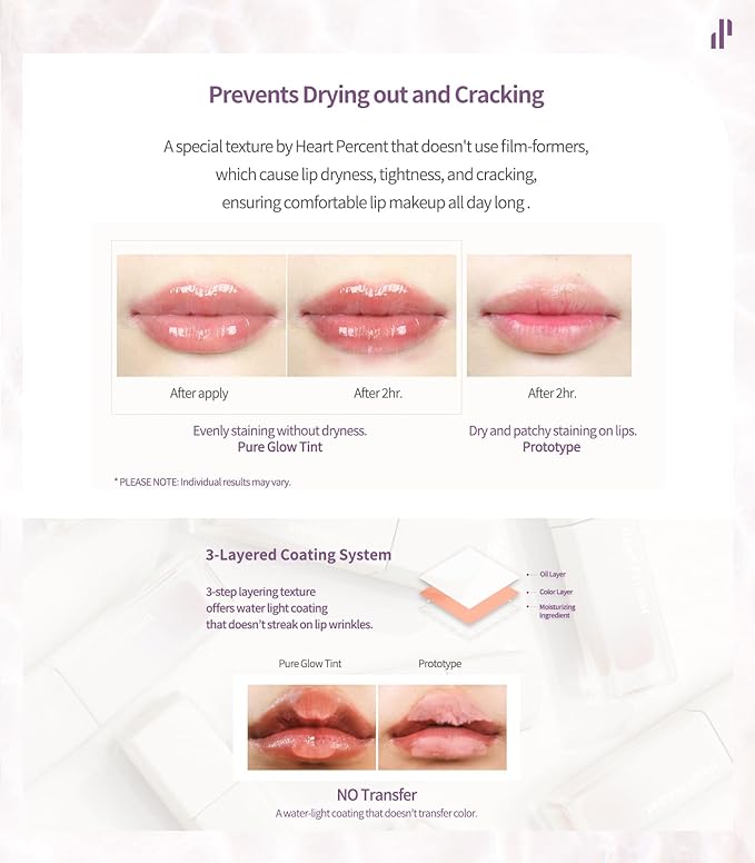 Heart Percent Dote On Mood Pure Glow Tint, Watery & Lightweight Moisturizing Lip Stain Long Lasting Liquid Lipstick 6.8g, #15. Viva Plum