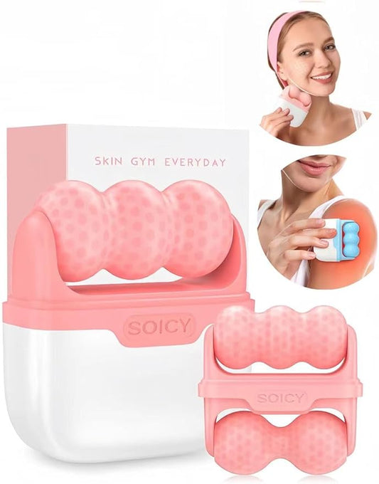 Ice Roller for Face with Gua Sha, Travel ice Roller Cold Therapy Tools, Cold Facial Ice Roller Massager for Eye Puffiness, Migraine, TMJ Pain Relief & Minor Injury (Pink)