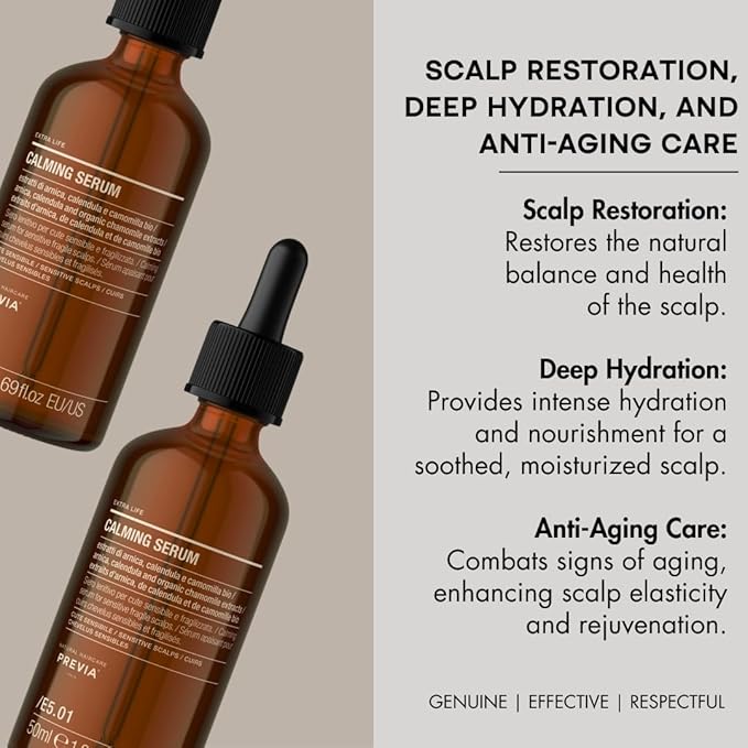 PREVIA Calming Serum | Extra Life - The Virtuous Scalp Ritual | Soothing Sensitive Scalps | Anti-Aging with Arnica Chamomile, Calendula & Aloe | Vegan, Cruelty-Free & Sulfate-Free | 1.69 oz