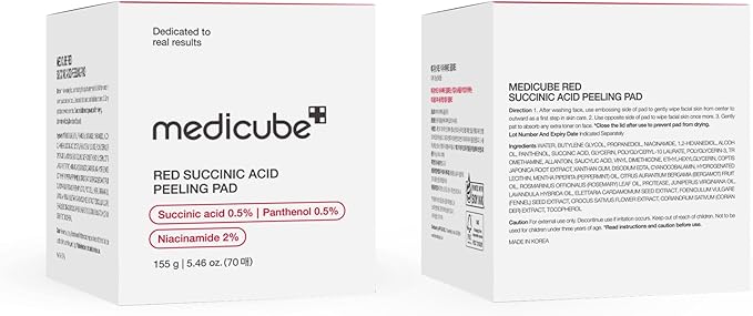 Medicube Red Succinic Acid Panthenol Facial Peeling Pads - Exfoliating Toner Pads for Breakout-Prone Skin with Niacinamide, AHA, BHA, and Soothing Panthenol - Non-Comedogenic