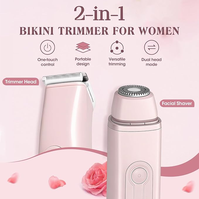 Bikini Trimmer Electric Razors for Women, 2-in-1 Dual-Head Cordless Body Hair Trimmer Facial Hair Removal for Face Lip Chin Pubic Underarm Legs, IPX6 Waterproof, Gifts for Women