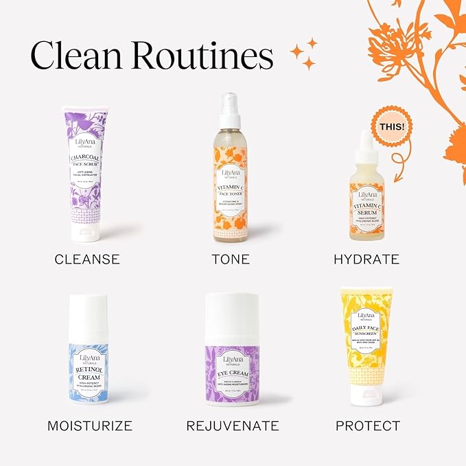 LilyAna Naturals Vitamin C Serum for Face with Hyaluronic Acid and Vitamin E, Anti Aging Serum, Reduces Age Spots and Sun Damage, Promotes Collagen and Elastin (1oz)