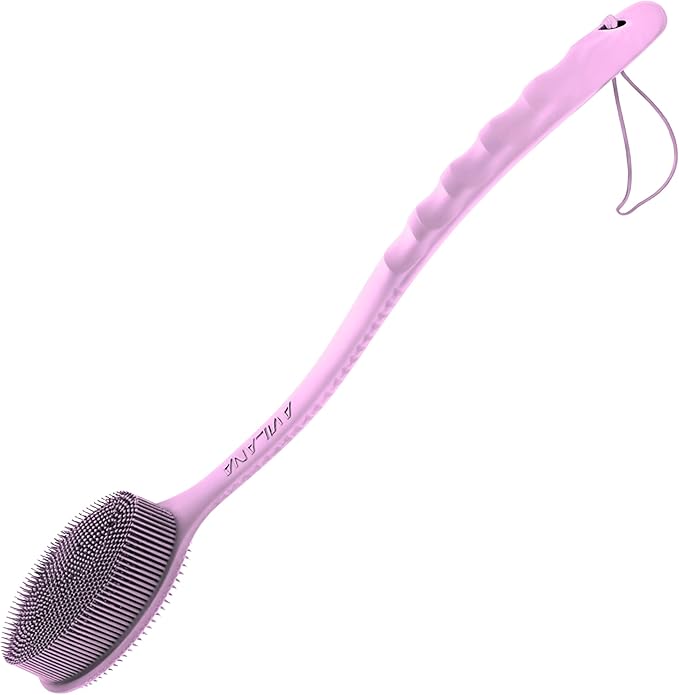 Avilana Silicone Body Scrubber – Gentle Shower Brush & Loofah Alternative- Food Grade & Lab Tested – Fast-Drying, Hygienic, BPA-Free Silicone Body Gentle Exfoliator (Pink, Long Handle)