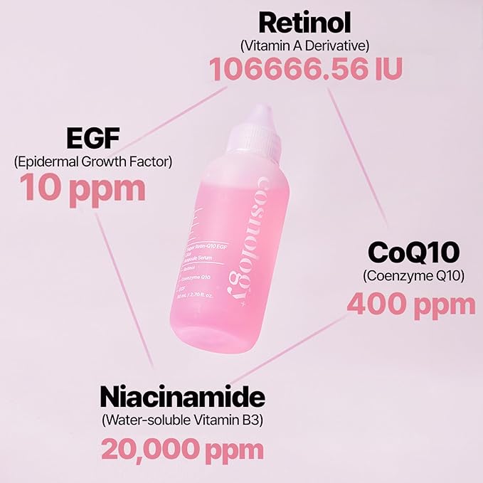 COSNOLOGY Retinol Anti-aging Serum with Coenzyme Q10,EGF,Pore Minimizing,Wrinkle Reduction,Centella Extract for Skin Soothing & Hydration | Clean Beauty, 2.70 fl.oz(80ml) | Korean Skincare
