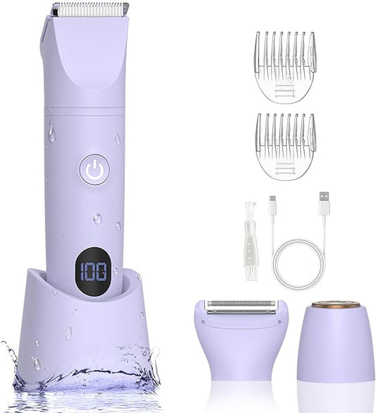 3-in-1 Bikini Trimmer for Women, IPX7 Waterproof Electric Shaver for Women-Rechargeable Electric Razors for Pubic, Facial & Body Hair Trimmer with LED Display, Travel Kit & Painless Blades (Purple)